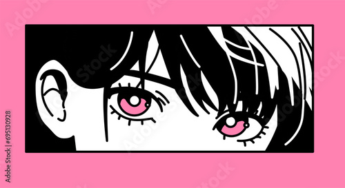 Illustration of pink-eyed anime girl. Vector graphic design for t-shirt, poster or cover.