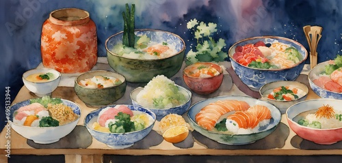 和食、寿司、日本文化、水彩画、背景｜Japanese food, sushi, Japanese culture, watercolor, background. Generative AI