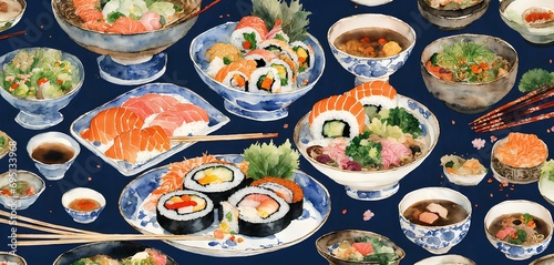 和食、寿司、日本文化、水彩画、背景｜Japanese food, sushi, Japanese culture, watercolor, background. Generative AI photo