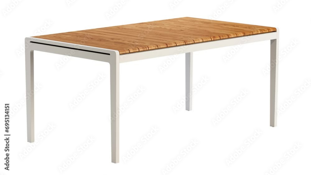 Circular animation of modern style outdoor table with a slatted teak wood top on white background. White metal dining table with wooden countertop. Modern, Loft, Scandinavian interior. 3d render Circular animation of modern style outdoor table with a slatted teak wood top on white background. White metal dining table with wooden countertop. Modern, Loft, Scandinavian interior. 3d render