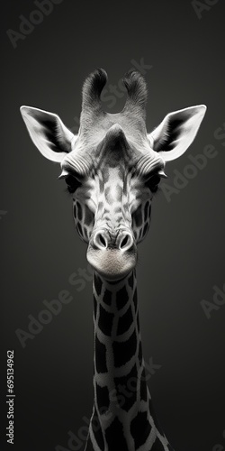Portrait of a giraffe on a black background. © Denis Agati