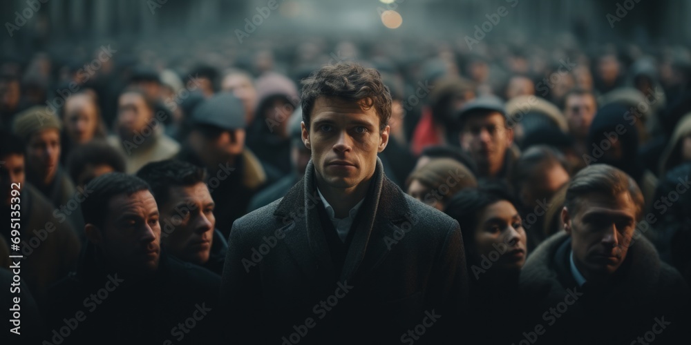 Crowded urban scene with focused man in overcoat, multitude of people in background, city rush hour.

 - obrazy, fototapety, plakaty 