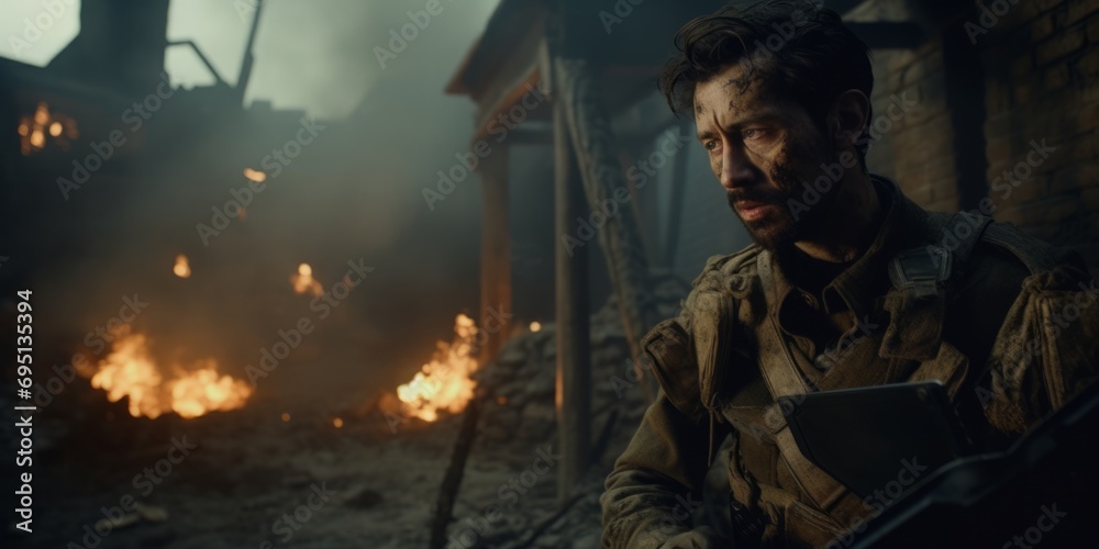 War scene with soldier in combat, intense expression amidst chaos and fire, cinematic war portrayal.

