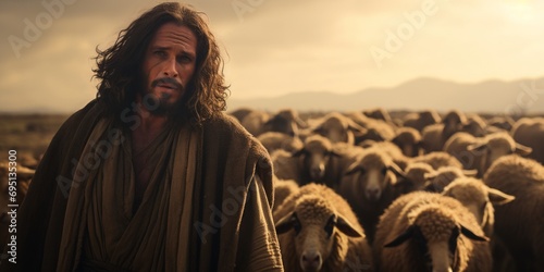 Jesus among a flock of sheep in golden light.