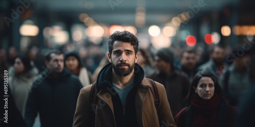 Portrait of a contemplative man in crowd, thoughtful amidst urban hustle, distinctive in a sea of people.