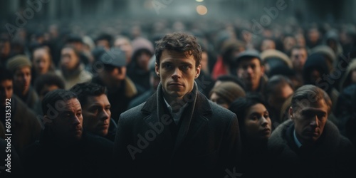 Crowded urban scene with focused man in overcoat, multitude of people in background, city rush hour.