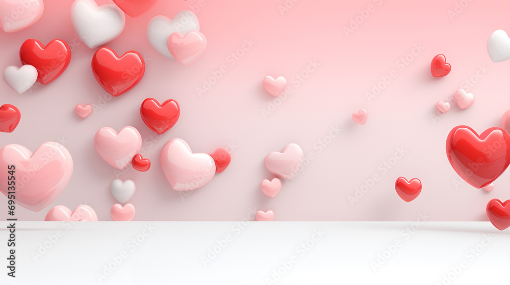 Festive Valentine's Day background with voluminous shiny pink hearts frame a frame for text on a pastel pink background. Valentine's Day. Copy space