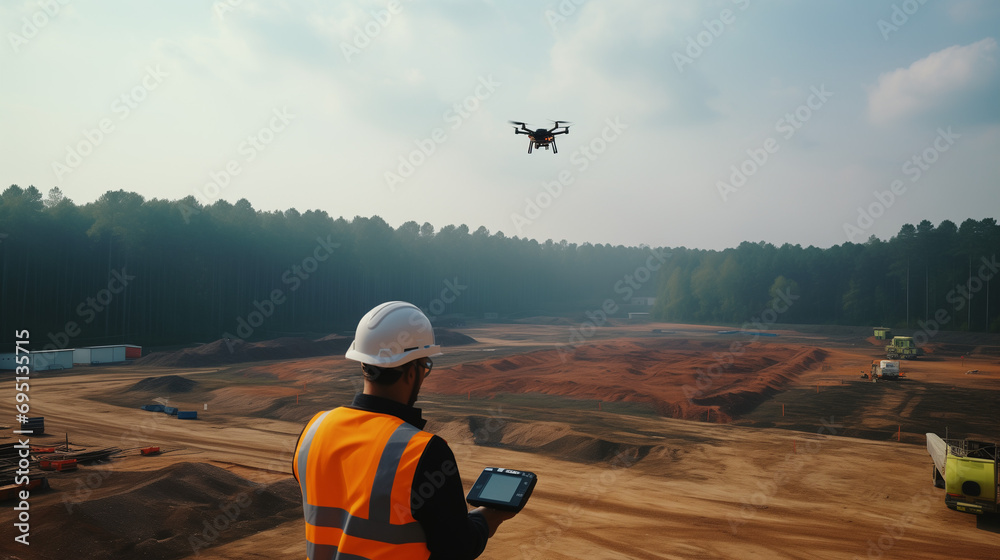 Operator flying the drone for the inspection at the site. Operator flying the drone for the inspection at the site.