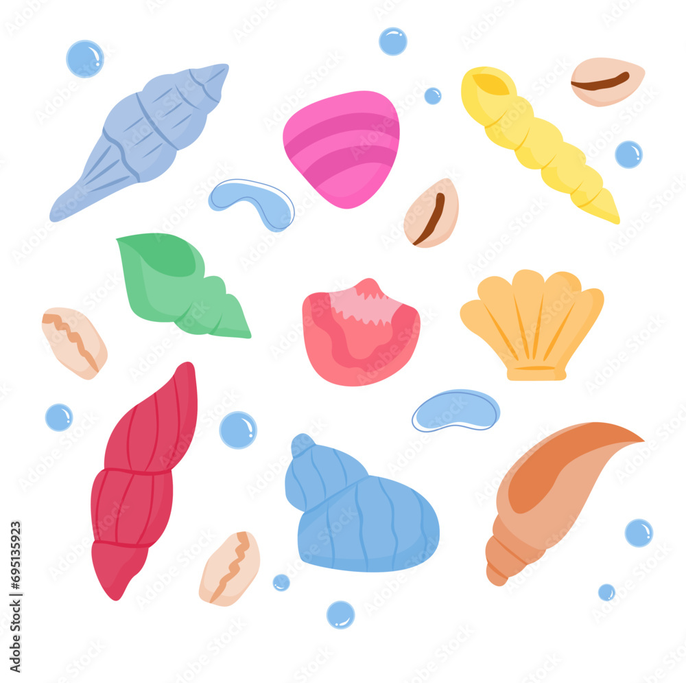 vector hand drawn marine life character collection shell grass cartoon element set