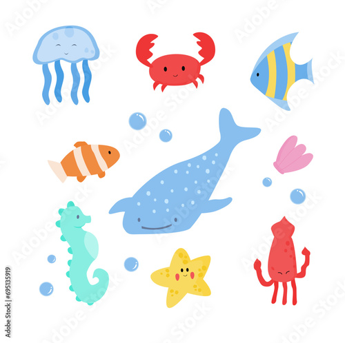 vector hand drawn marine life character collection shell grass cartoon element set