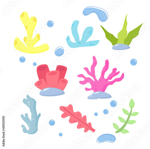 vector hand drawn marine life character collection shell grass cartoon element set
