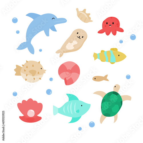 vector hand drawn marine life character collection shell grass cartoon element set