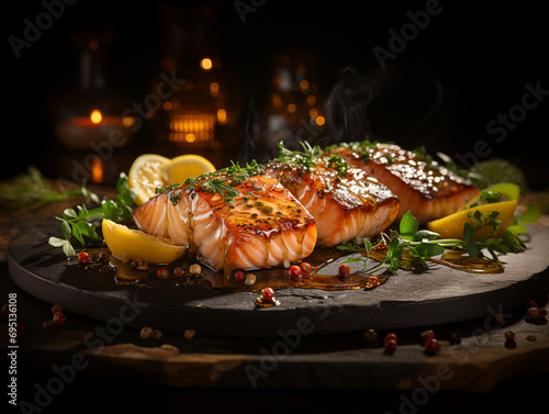 grilled salmon steak served with herbs and pink pepper on black granite plate - haute cuisine, fine dining, dinner  photo