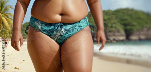 Slightly overweight Caucasian woman, wearing bikini on sandy beach at tropical vacation spot, body and feeling comfortable or uncomfortable, weight and ideal of beauty, fictional place