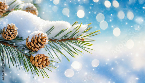 Close-up pine branch with snow and cones against blurred blue sky, perfect for festive greeting cards.