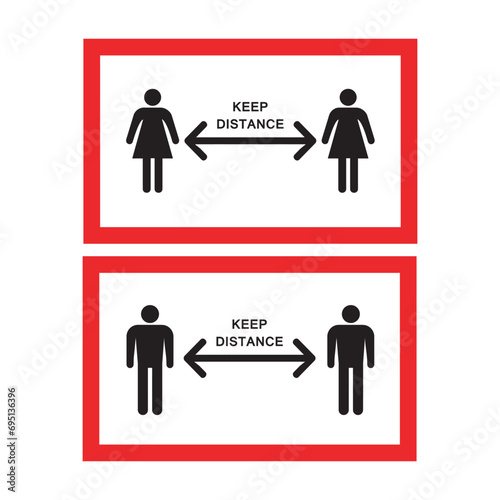 Social distancing icons. Keep distance sign boards. 