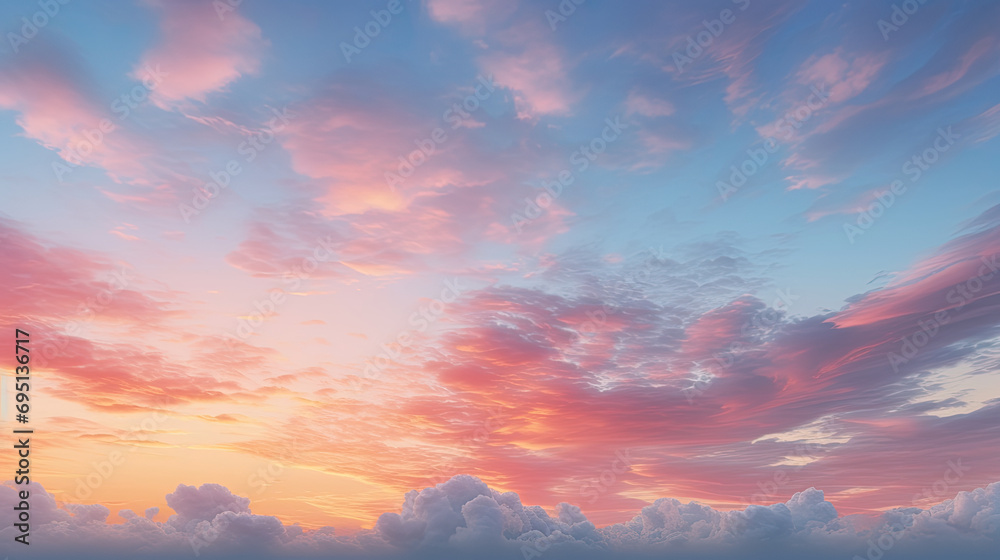Sky at sunset, sky at sunrise, clouds, orange clouds cirrus clouds, cumulus clouds, sky gradient, sky background at dusk, twilight, nightfall, pink sky, pink clouds, sun, environment, background - obrazy, fototapety, plakaty 