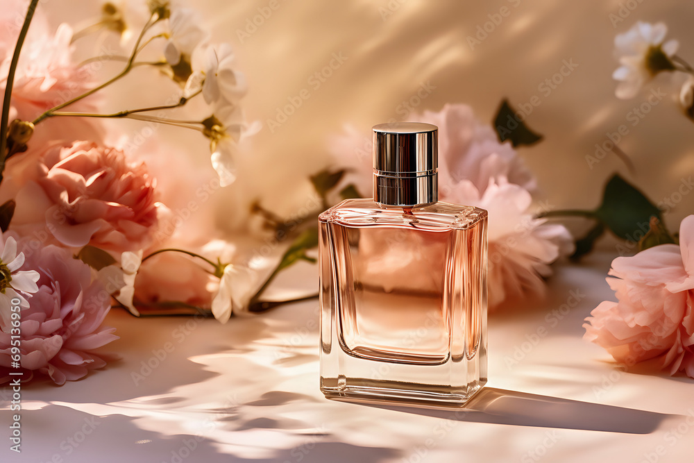 beige bottle of perfume with flowers, rose, petals. close up. Beauty background beige bottle of perfume with flowers, rose, petals. close up. Beauty background