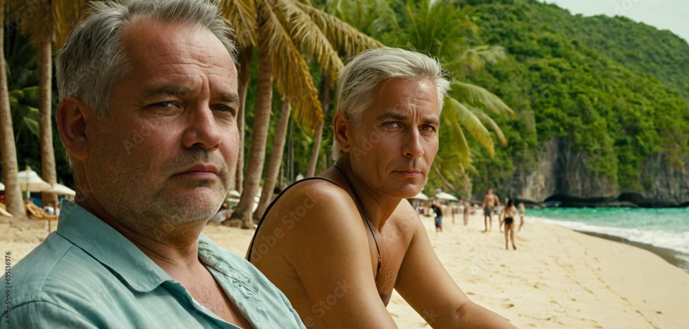 two thoughtful mature adult caucasian men with gray hair and summer shirt, sad and upset, problems and worries, sitting on tropical sandy beach, emigrated but unhappy in everyday life two thoughtful mature adult caucasian men with gray hair and summer shirt, sad and upset, problems and worries, sitting on tropical sandy beach, emigrated but unhappy in everyday life