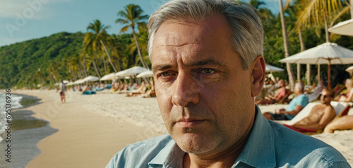 thoughtful mature adult caucasian man with gray hair and summer shirt, excluded from other foreigners or having no friends, sad and upset, sitting alone and lonely  photo