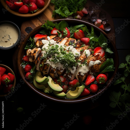Gastronomic Affair: Our Grilled Chicken Caesar Love Story Unveils the Perfect Marriage of Juicy Chicken, Fresh Lettuce,  strawberries, sauce, and a Symphony of Handpicked Ingredients.