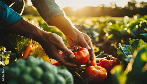 Hands tenderly harvest ripe vegetables in a sunlit garden, showcasing care and connection to nature