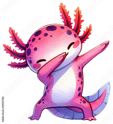 An adorable watercolor dabbing axolotl clipart - perfectly isolated, with soft natural watercolor texture. Cool party vibe.
