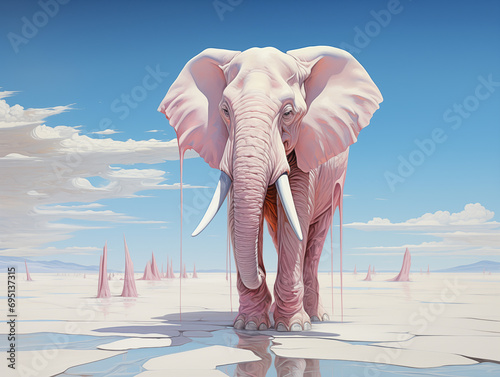 Melting pink bubble gum elephant walking through a white desert - blue sky