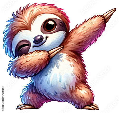 An adorable watercolor dabbing sloth clipart - perfectly isolated, with soft natural watercolor texture. Cool party vibe.