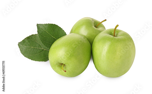 Ripe green apples and leaves isolated on white