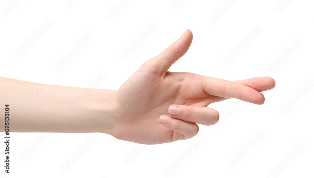 Woman crossing her fingers on white background, closeup Woman crossing her fingers on white background, closeup