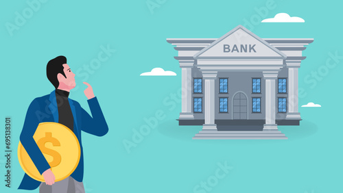 deposit money in a bank vector illustration, object financial investment, cash deposit to the bank, profit in crease concept, businessman bring golden coin into bank building concept