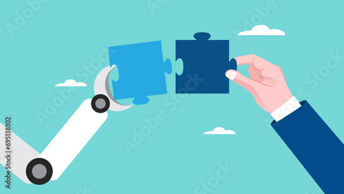 AI robot with businessman illustration with the concept of hand AI robots and humans solving puzzles suitable for describe AI with future of the work, work with artificial intelligence concept