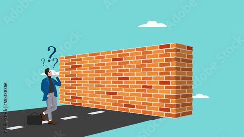 businessman facing the wall concept illustration, business obstacle and barrier concept, Businessman Stand with Dizzy Head front of High Brick Wall Face Difficulty on Way to Goal Achievement