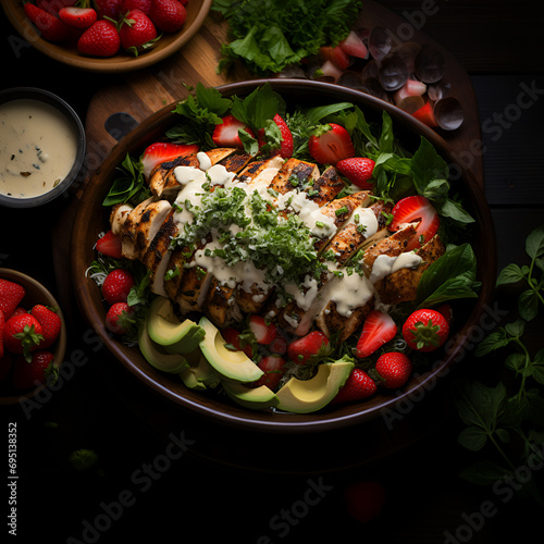 Our Grilled Chicken Caesar Love Story Unveils the Perfect Marriage of Juicy Chicken, Fresh Lettuce, and a Symphony of Handpicked Ingredients, avocado, strawberry