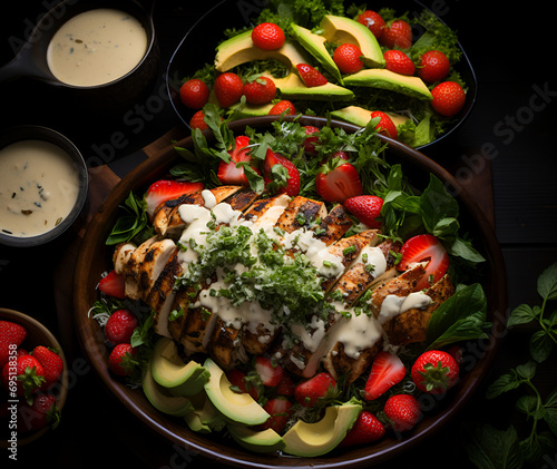 Gastronomic Affair: Our Grilled Chicken Caesar Love Story Unveils the Perfect Marriage of Juicy Chicken, Fresh Lettuce,  strawberries, sauce, and a Symphony of Handpicked tomatoes and avocados.