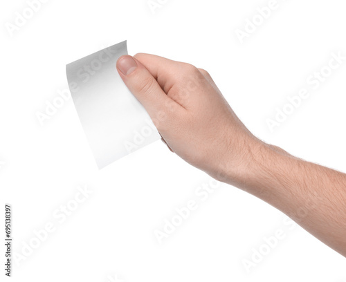 Man holding piece of blank thermal paper for receipt on white background, closeup photo
