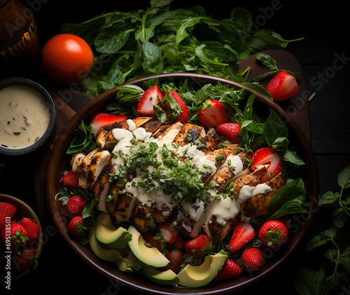 Gastronomic Affair: Our Grilled Chicken Caesar Love Story Unveils the Perfect Marriage of Juicy Chicken, Fresh Lettuce,  strawberries, avocados, tomatoes, and a Symphony of Handpicked leaves.