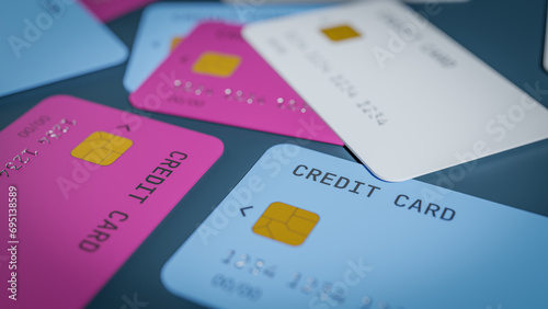 Close-up background of various colored credit cards, 3d rendering