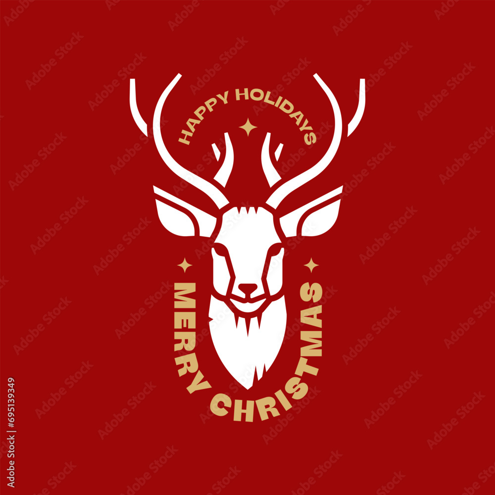 Christmas reindeer vintage symbol or label, t-shirt animal character. Holiday deer vector illustration on red background.
