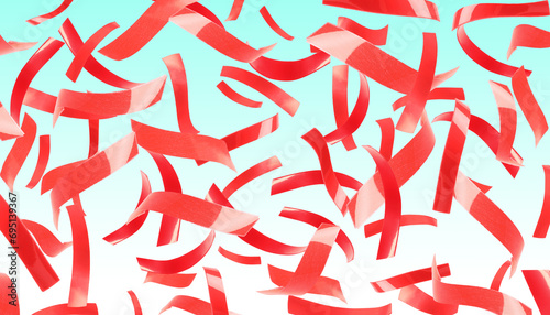 Bright red confetti falling on gradient light blue background. Banner design