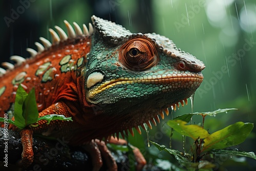 a chameleon searching for eat during a rainy forest