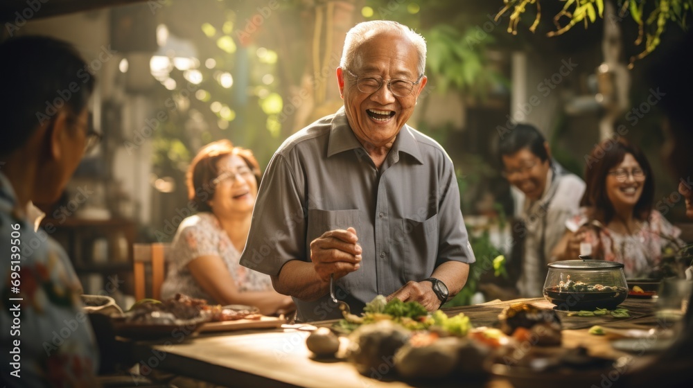 An elderly man saying coodbye to some family members after enjoying a barbecue together.