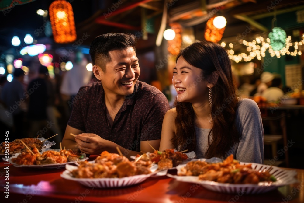 Asian couple enjoying with food at night market, Traveler enjoy eating on the street food Asian couple enjoying with food at night market, Traveler enjoy eating on the street food