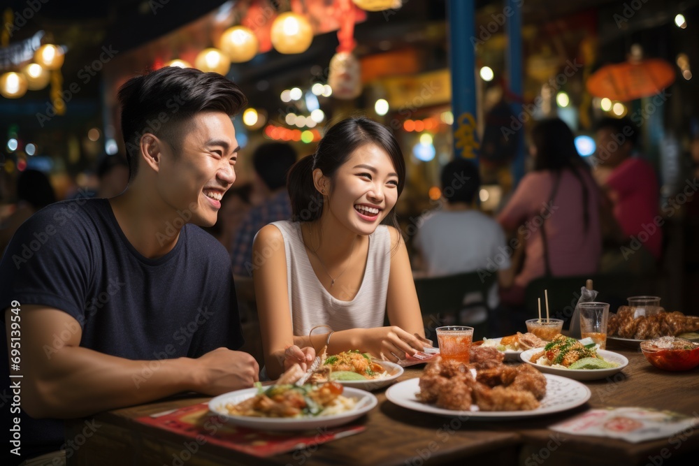 Asian couple enjoying with food at night market, Traveler enjoy eating on the street food - obrazy, fototapety, plakaty 