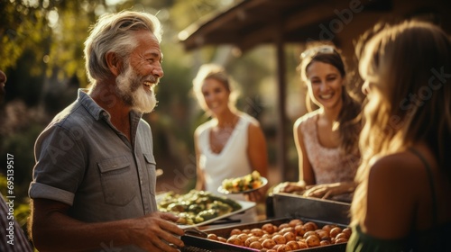 An elderly man saying coodbye to some family members after enjoying a barbecue together.