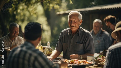 An elderly man saying coodbye to some family members after enjoying a barbecue together.