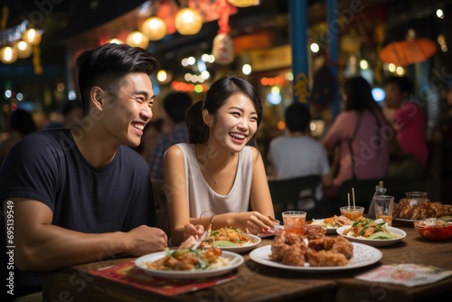 Asian couple enjoying with food at night market  Traveler enjoy eating on the street food
