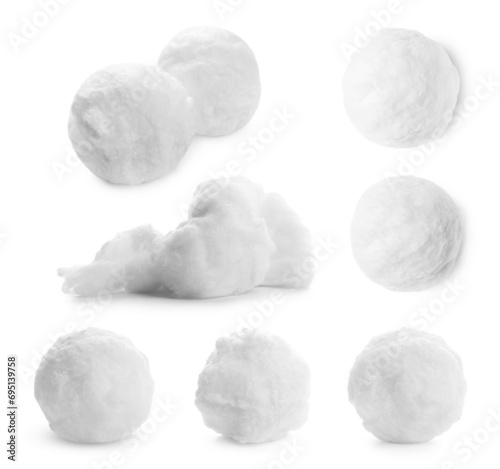 Balls of soft fluffy cotton isolated on white, set