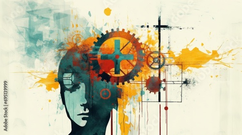 A steampunk illustration with gears and bright colors. Generative AI.  photo